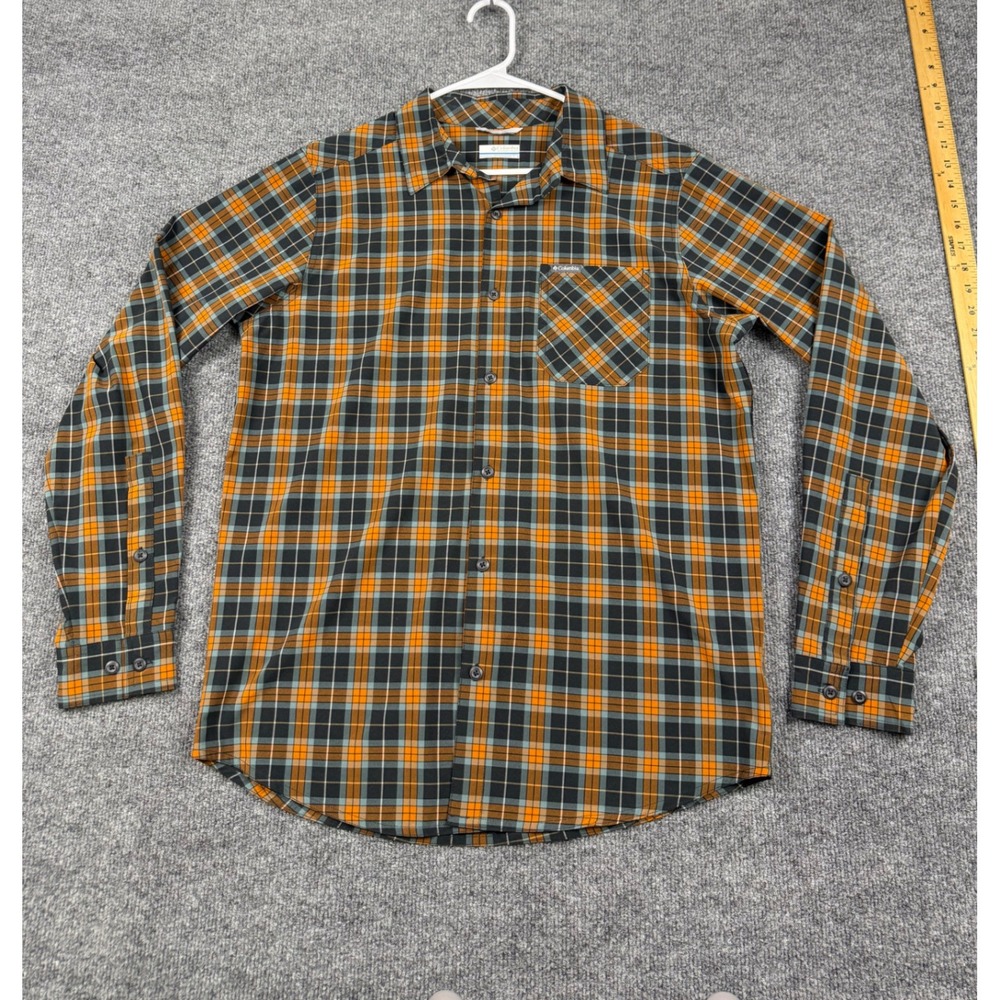 Columbia Mens Plaid Button Down Shirt Orange Grey Long Sleeve Hiking Size M